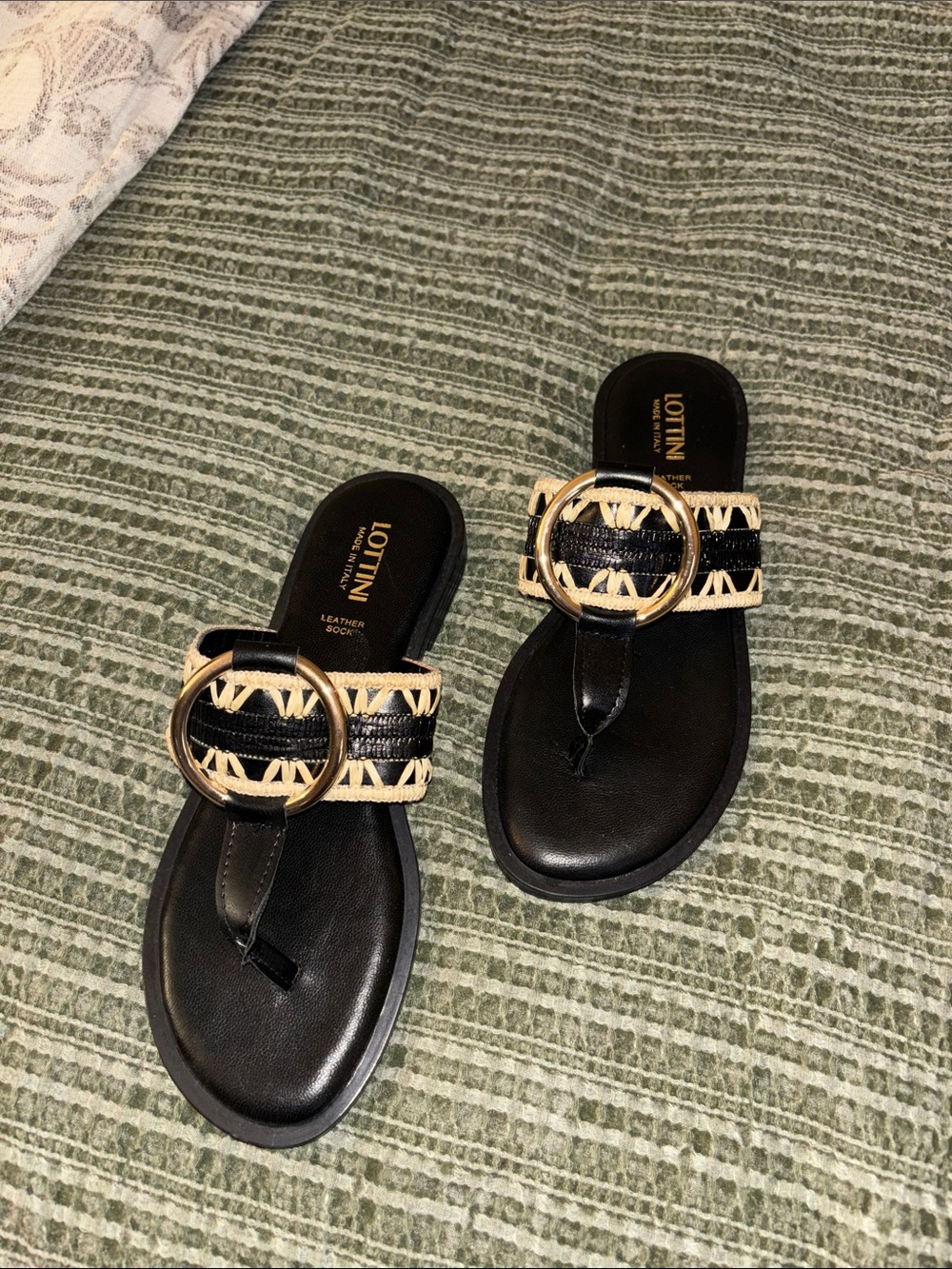 Lottini Black & Beige Ring-Embellished Leather Toe-Post Sandals